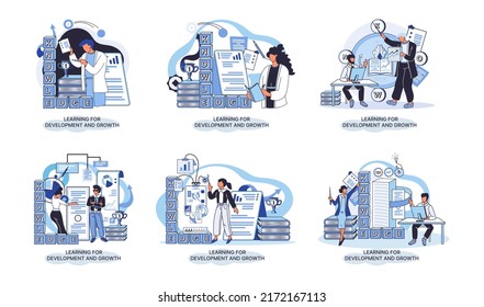 Learning development and growth. Self-learning metaphor, online emoloyee education distance e-learning. Skill improvement. Self development program way to success. Goal achieving professional training