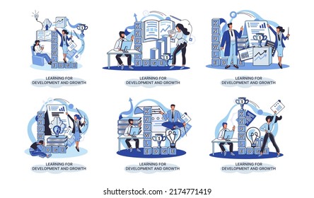 Learning development and growth. Self-learning metaphor, online emoloyee education distance e-learning. Skill improvement. Self development program way to success. Goal achieving professional training