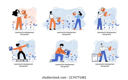 Learning development and growth. Self-learning metaphor, online emoloyee education distance e-learning. Skill improvement. Self development program way to success. Goal achieving professional training