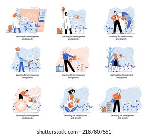 Learning development and growth. Self-learning metaphor, online emoloyee education distance e-learning. Skill improvement. Self development program way to success. Goal achieving professional training