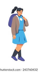 Learning and development, obtaining knowledge and learning information about surroundings. Isolated pupil cartoon character wearing school uniform with bag going to lessons. Vector in flat style