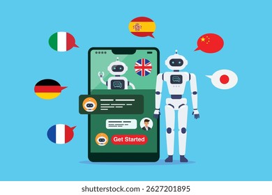 Learning different foreign languages with chat bot on smartphone. Chat GPT. Artificial Intelligence. Vector illustration