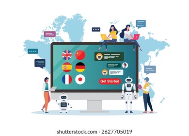 Learning of different foreign languages online. Multi language learning concept illustration. Online Education with artificial intelligence. 