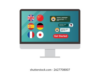 Learning of different foreign languages online on computer screen. Multi language learning concept illustration. 