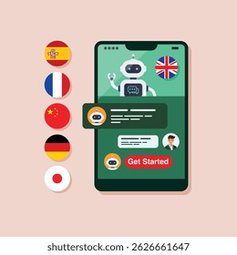 Learning different foreign languages with Smart Ai chat bot on smartphone screen Chat GPT. Artificial Intelligence. Vector illustration
