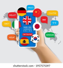 Learning of different foreign languages through the mobile application. Smartphone in the hand with Get started button on screen, Hello in various languges, countries flags in speech bubbles. Vector