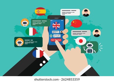 Learning of different foreign languages through the mobile application smartphone in the hand. Multi language learning concept illustration. Vector illustration
