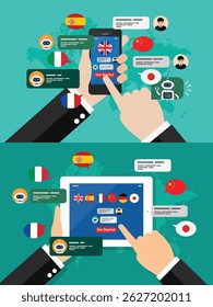 Learning of different foreign languages through smartphone or tablet. Multi language learning concept illustration. Vector illustration