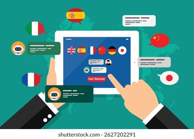 Learning of different foreign languages through the tablet in the hand. Multi language learning concept illustration. Vector illustration