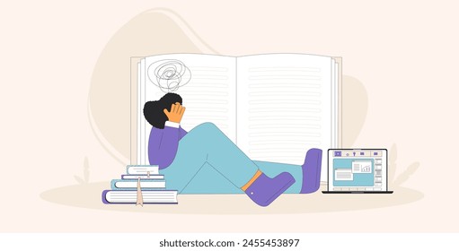 Learning difficulties. Tired student sitting near education elements. Overwhelmed mental disorder character. Teenage girl with exam stress. Vector flat outline illustration