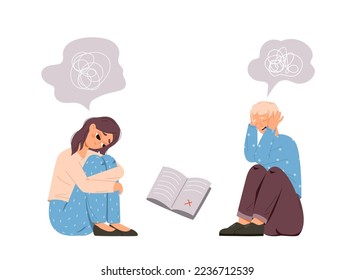 Learning difficulty, sad tired teens characters with confused thoughts and bad test score. Students unhappy, cartoon flat teenagers education vector concept