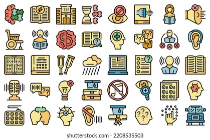 Learning disability icons set outline vector. Inclusive education. School test color thin line