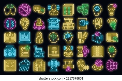 Learning disability icons set outline vector. Inclusive education. School test neon color on black