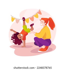 Learning to do a somersault isolated cartoon vector illustration. Learn to roll in somersault, kid in a gym, physical exercise in kindergarten, motor skills, preschool activity vector cartoon.