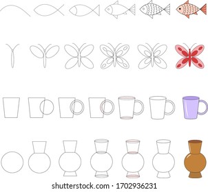 Learning to draw in stages, fish, butterfly, cup, jug, vector
