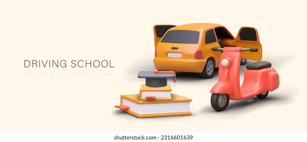 Learning to drive different vehicles. Modern driving school. Study of traffic rules. Certified drivers license. 3D plasticine illustration, place for text