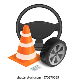 Learning to drive is an isometric illustration. Orange cone, driver's license, a steering wheel, car wheel.