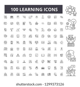 Learning editable line icons, 100 vector set, collection. Learning black outline illustrations, signs, symbols