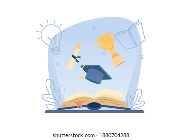 Learning and education banner.open education book give off light with graduation caps, trophies, graduation rolls. university education concept.book is a key success.vector illustration