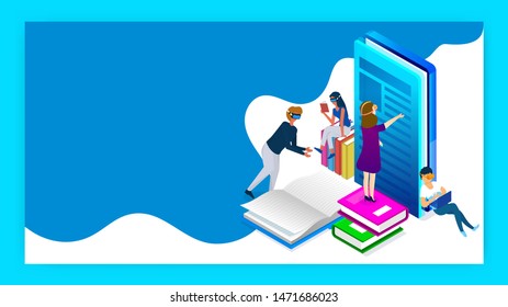 Learning or education concept based isometric design with illustration of people study in different style.