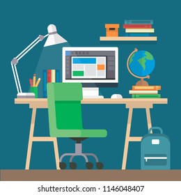 Learning and education, concept illustration with a desk with books, computer. Online learning, graduation, back to school, school, university. Vector illustration in flat style