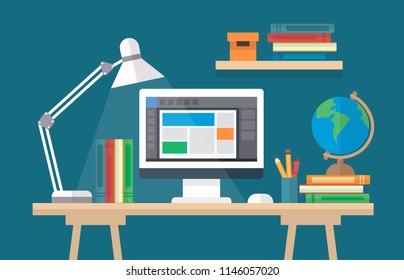 Learning and education, concept illustration with a desk with books, computer. Online learning, graduation, back to school, school, university. Vector illustration in flat style