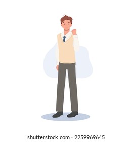 Concepto de aprendizaje y educación. Carácter estudiantil coreano. Toda la extensión de un estudiante masculino con uniformes escolares haciendo la victoria significa gesto.