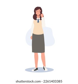 Learning and Education concept. Korean student character. Full length of female student in school uniforms doing victory pose gesture.