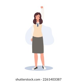 Concepto de aprendizaje y educación. Carácter estudiantil coreano. Toda la extensión de las estudiantes con uniformes escolares levanta la mano como victoria.