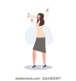 Learning and Education concept. Korean student character. Full length of female student in school uniforms with megaphone.