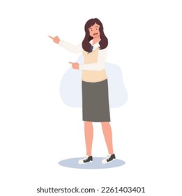 Learning and Education concept. Korean student character. Full length of female student in school uniforms proud to present ,point something