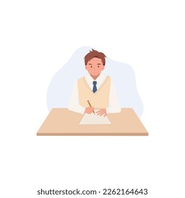 Learning and Education concept. Korean student character Doing Exam on the desk.
