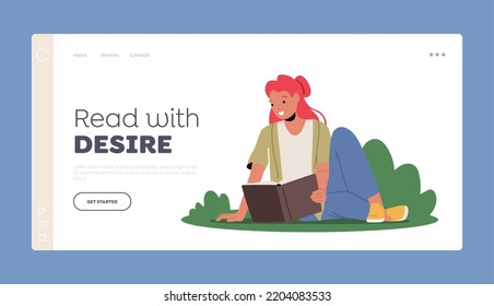 Plantilla de página de Aprendizaje, Concepto de Educación para Aterrizar. Estudiante joven leyendo libro se prepara para hacer exámenes o para hacer tareas domésticas. Personaje femenino leyendo sentado en el césped verde. Ilustración del vector de dibujos animados