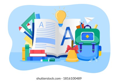 Learning and education concept with open alphabet book  surrounded by school accessories, backpack, bell and light bulb, colored vector illustration