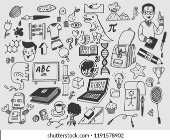 Learning and education Hand drawn doodle school items.