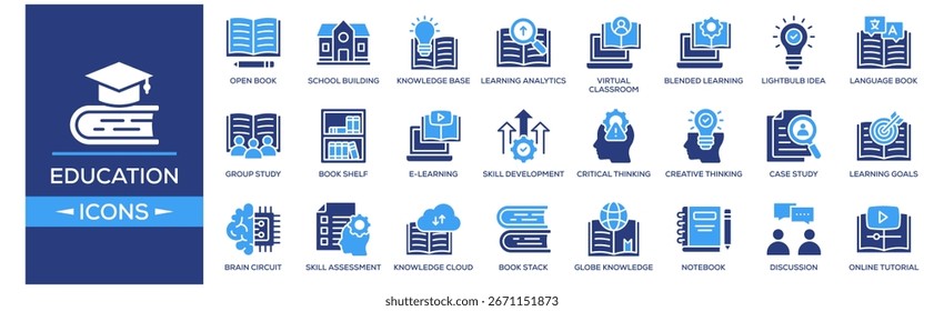 Conjunto de iconos de aprendizaje y Educación. Diseño que contiene School Building, Knowledge Base, Open Book, Learning Analytics, Virtual Classroom. Icono sólido colección