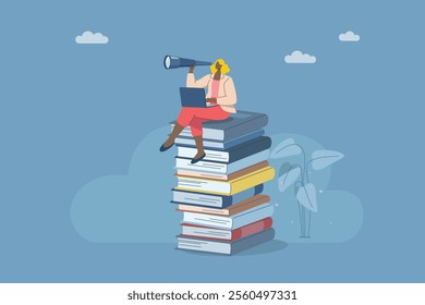 Learning and education increase business opportunities, New knowledge leads to great success, Business development concept, Businesswoman looking through binoculars standing on pile of books, Vector.