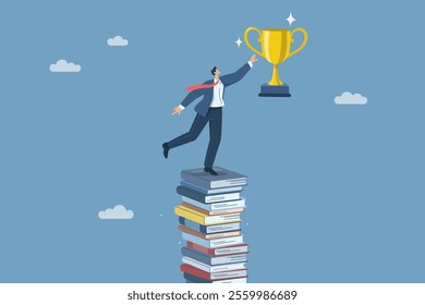 Learning and education lead to great success, Creating business or career opportunities, Concept of development to success, Businessman is about to grab a trophy, Flat vector design illustration.
