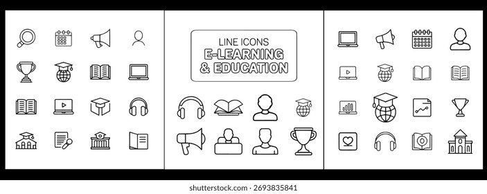 Iconos de línea de aprendizaje y educación para Web y móvil aislados sobre fondo blanco