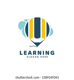 Learning and Education Logo Symbol with Flying Baloon on the Sky and Pencil Inside