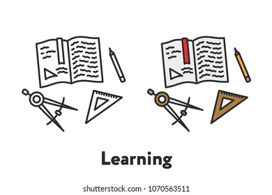 Learning Education Ruler Book Compass Pencil Minimal Color Flat Line Outline Stroke Icon