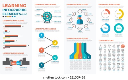 Learning, education, school, method infographic element with illustrations and icons for data report  and information presentation
