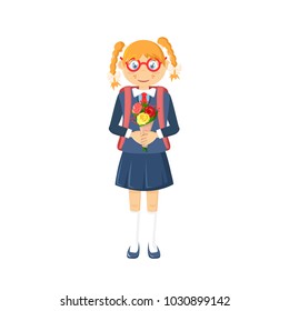 Learning, education in school and university, knowledge. Young girl, child in school clothes, wearing glasses and carrying backpack, going to school. Vector illustration character cartoon person.