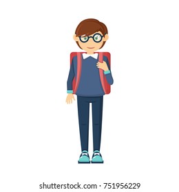 Learning, education in school and university, knowledge. Young guy, child in school clothes, wearing glasses and carrying backpack, going to school. Vector illustration character cartoon person.