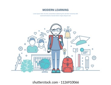 Learning, education, training, get knowledge. E-learning, return to school, online schedule lessons, distance teaching, development of logic, memory, thinking. Illustration thin line vector doodles.