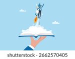 Learning and education, training or innovation to study, launch new project rocket, inspiration or growth achievement, invention concept, businessman with rocket launcher boost from education book.