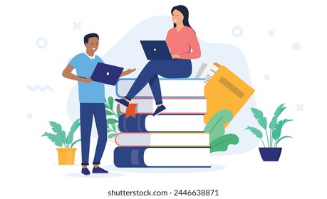 Learning and education - Two students with laptop computers and big stack of school books talking and discussing educational subject. Flat design vector illustration with white background