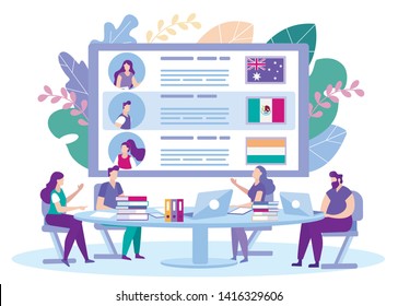 Learning E-Education in Different Countries. People Sitting at Table in front Monitor. Distance Learning. International E-Learning. Online Training. Vector Illustration. E-learning Around World.