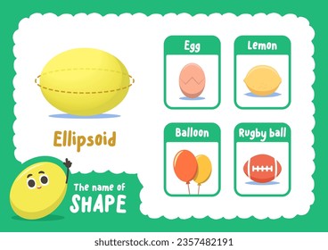 Learning ellipsoid shape sheet with object cards, illustration cartoon vector design on white background. kid and study game concept.