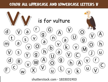 Learning English alphabet. Color all letters V. Educational worksheet for school and kindergarten. V is for vulture.